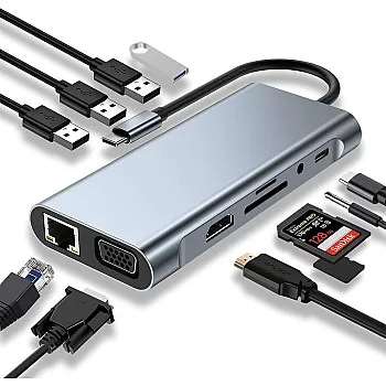 موزع USB C، محول USB C 11 في 1 دونجل مع 4K HDMI، VGA، نوع C PD، USB 3.0، RJ45 ايثرنت، قارئ بطاقات SD/TF، ومدخل AUX مقاس 3.5 ملم، قاعدة توصيل متوافقة مع ماك بوك برو/أ