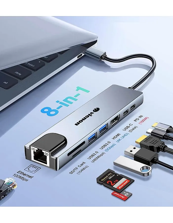 USB C Hub Ethernet HDMI Adapter, 8 in 1 USB C Docking Station with 4K HDMI, RJ45 Ethernet, SD/TF Card Reader, USB 3.0/2.0, PD 100W, USB C, LAN USB C Dongle for MacBook Pro/Air, iPad Pro, XPS, etc