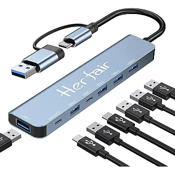 USB C Port Hub Aluminum 7 in 1 Multiport USB Extender Splitter Adapter with USB 3.0/2.0 Docking Station for MacBook Pro/Air/iPad Pro/Surface Pro/HP Laptop/Galaxy Phones (1 to 7)