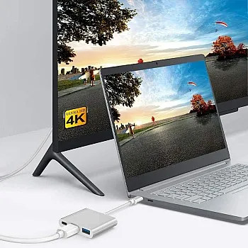 محول USB C إلى HDMI من وايزفيل، محول USB نوع C إلى HDMI 4K + USB 3.0 + منفذ شحن USB-C موزع 3 في 1، محول AV رقمي USB-C متعدد المنافذ لماك بوك برو/اي باد برو/آيفون 15/1