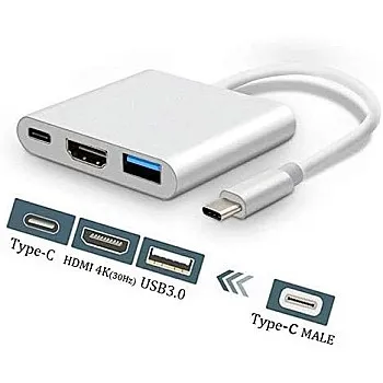 محول USB C إلى HDMI من وايزفيل، محول USB نوع C إلى HDMI 4K + USB 3.0 + منفذ شحن USB-C موزع 3 في 1، محول AV رقمي USB-C متعدد المنافذ لماك بوك برو/اي باد برو/آيفون 15/1