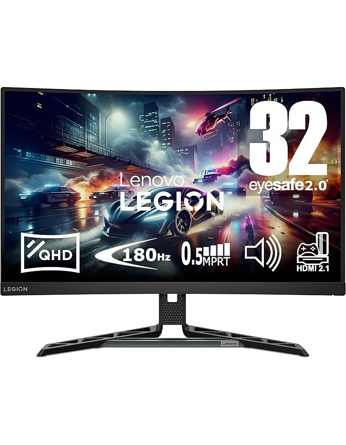 شاشة ألعاب لينوفو منحنية ليجن R32qc-30 مقاس 31.5 بوصة QHD 2560×1440 بتردد 180 هرتز و350 وحدة مضيئة في البكسل ووقت استجابة 0.5 مللي ثانية ومنفذ HDMI ومنفذ عر