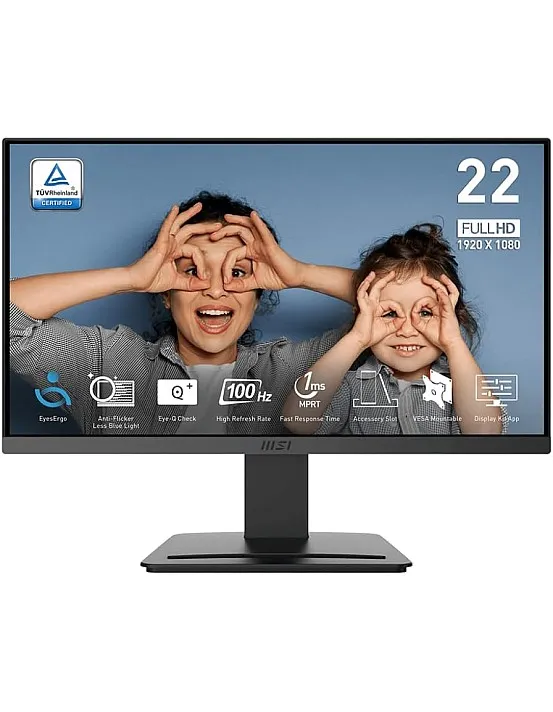 شاشة كمبيوتر MSI PRO MP223 E2، 22 بوصة، VA، 1920 × 1080 (FHD)، 100 هرتز، مزامنة تكيفية، HDMI، منفذ فيديو، منفذ عرض، قابلة للتركيب على حامل VESA، إمالة، 1 مللي ثا