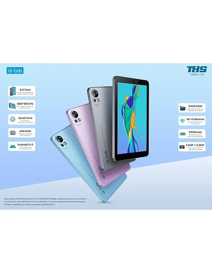 تابلت T8S شبكة واي فاي الجيل الخامس 5G، ذاكرة رام: 4+4 GB، ذاكرة ROM: 64GB، شاشة IPS LCD 8 بوصة 800×1280، بطارية 5000 mAh بنظام أندرويد 14 وكاميرا أمامية 2MP وخلف