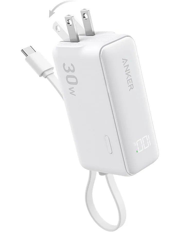 Anker Power Bank USB C Charger Block, 3-in-1 5,000mAh Portable Charger with Built-in USB-C Cable and Foldable AC Plug, 30W Max Compact Battery Pack, for iPhone 15 Series, Galaxy, MacBook and More