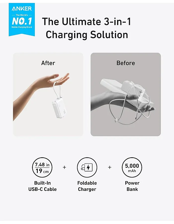 Anker Power Bank USB C Charger Block, 3-in-1 5,000mAh Portable Charger with Built-in USB-C Cable and Foldable AC Plug, 30W Max Compact Battery Pack, for iPhone 15 Series, Galaxy, MacBook and More