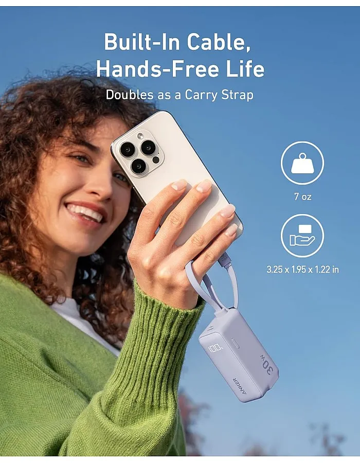 Anker Power Bank USB C Charger Block, 3-in-1 5,000mAh Portable Charger with Built-in USB-C Cable and Foldable AC Plug, 30W Max Compact Battery Pack, for iPhone 15 Series, Galaxy, MacBook and More
