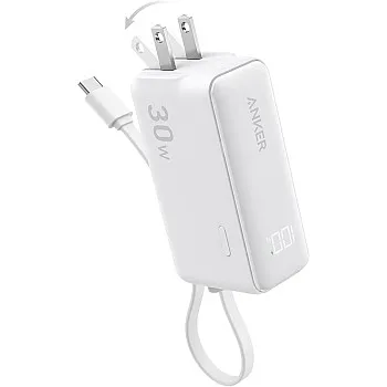 Anker Power Bank USB C Charger Block, 3-in-1 5,000mAh Portable Charger with Built-in USB-C Cable and Foldable AC Plug, 30W Max Compact Battery Pack, for iPhone 15 Series, Galaxy, MacBook and More
