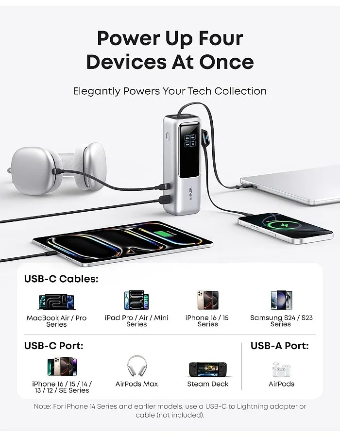 شاحن باور بانك زولو من انكر (25 ألف مللي امبير 165 واط، USB نوع C مدمج وكابل قابل للسحب) شاحن محمول عالي السرعة 1 USB-C، 1 USB نوع A، حزمة بطارية لآيفو