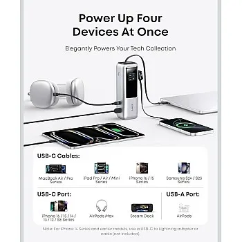 انكر باور بانك من زولو (25 كيلو، 165 واط، USB نوع سي مدمج وكابل قابل للسحب) شاحن محمول عالي السرعة، 1 USB-C 1 US B-A، حزمة بطارية لايفون 17/16/1 | جالاكسي S