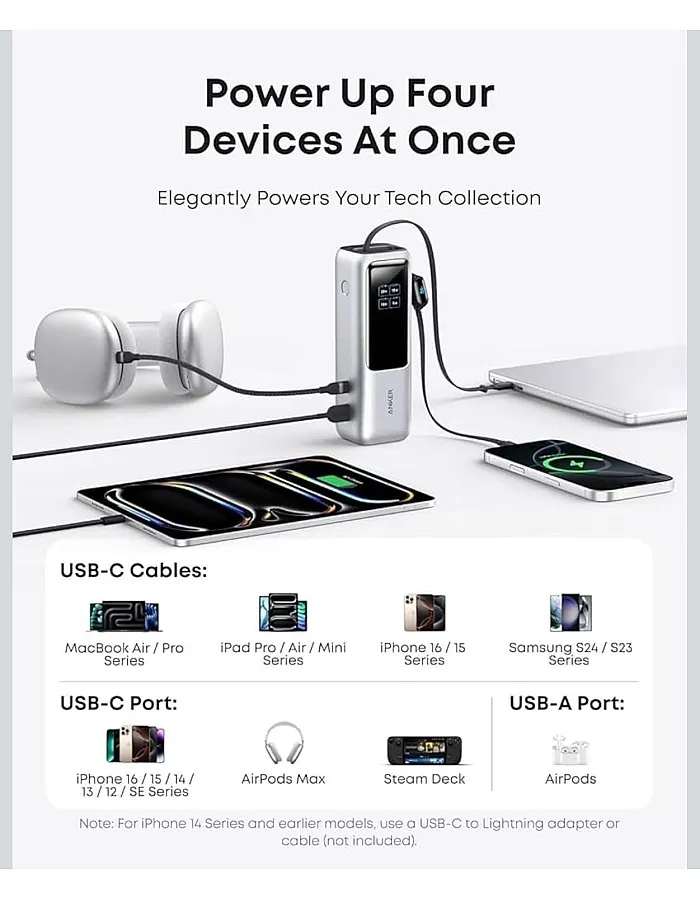 Anker Zolo Power Bank (25K, 165W, Built-In USB-C and Retractable Cable) High-Speed Portable Charger, 1 USB-C, 1 US B-A, Battery Pack for iPhone 17/16/1 | Galaxy S25 S26, MacBook (Case Cover Included)