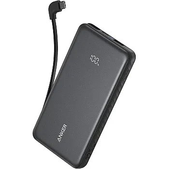 باور بانك من أنكر 10000 مللي امبير بمنفذ USB تايب-C مع شحن سريع و كابل مدمج للهاتف الذكي و الجهاز اللوحي، أسود