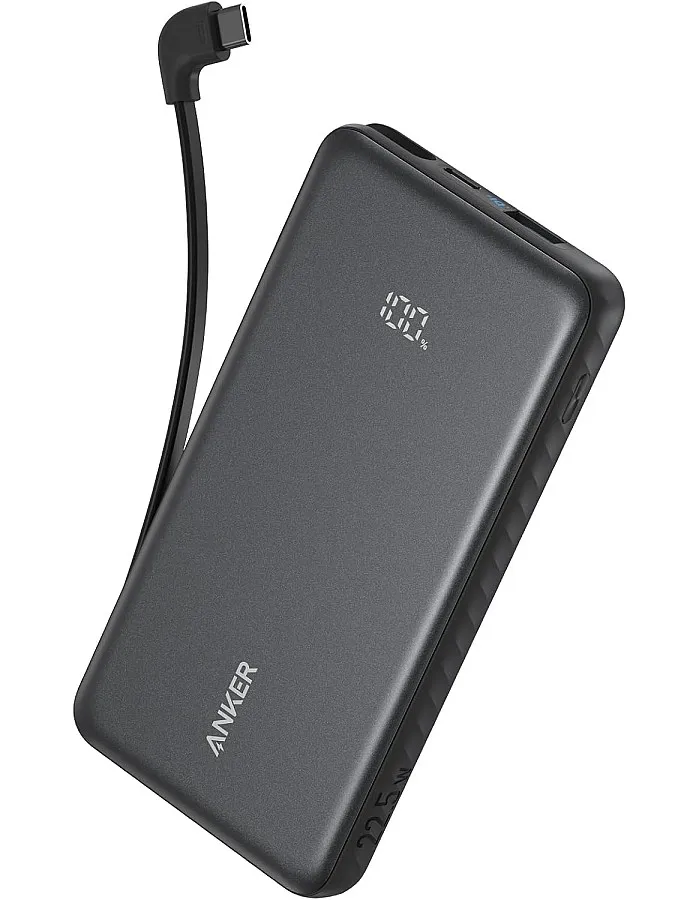 باور بانك من أنكر 10000 مللي امبير بمنفذ USB تايب-C مع شحن سريع و كابل مدمج للهاتف الذكي و الجهاز اللوحي، أسود