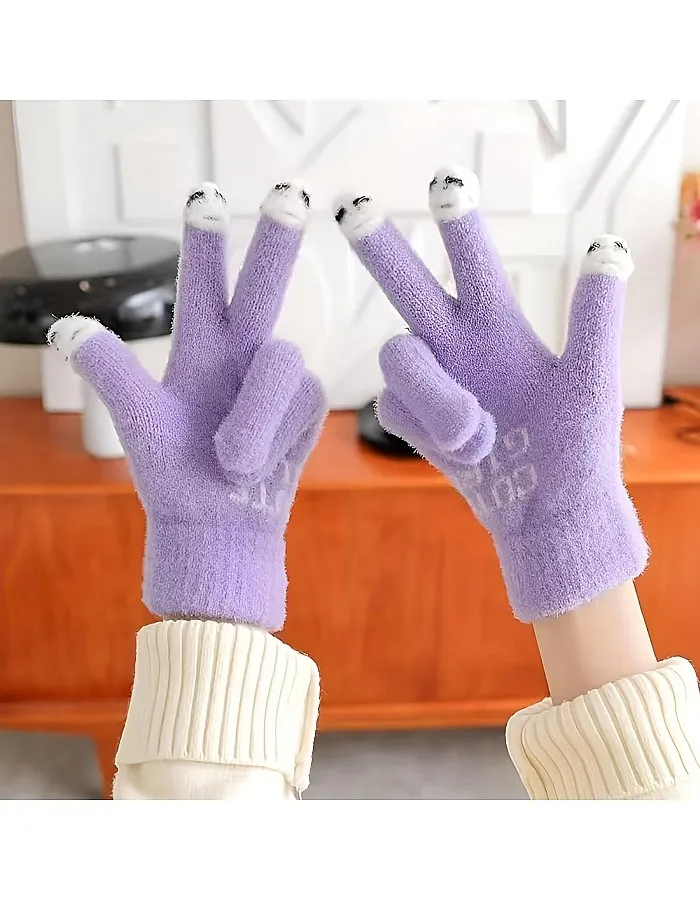 1 Pair Women Cute Cartoon Touchscreen Winter Gloves - Warm Full Finger Gloves with Elastic Design and Soft Lining for Cold - Suitable for Outdoor Activities and Daily Use