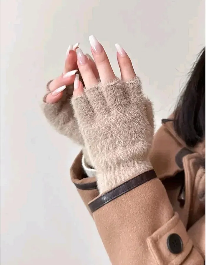 1 Pair Women Gloves Half Finger Gloves Elegant Plush Thick Warm Anti-cold Gloves