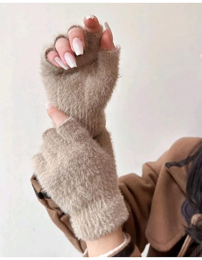 1 Pair Women Gloves Half Finger Gloves Elegant Plush Thick Warm Anti-cold Gloves
