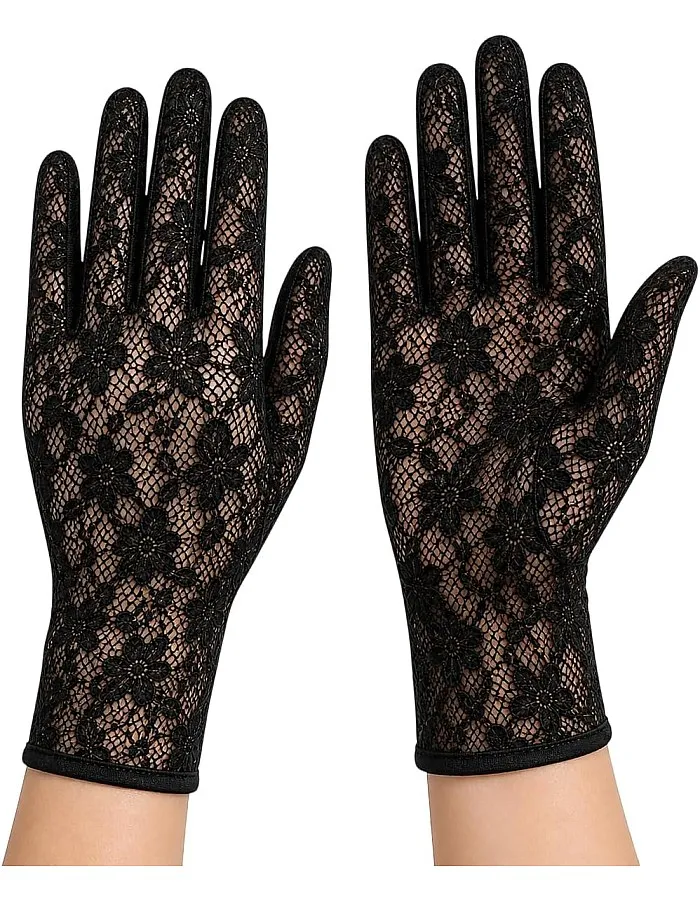 Black Lace Gloves for Women, Floral Pattern, Sheer Wrist Length, Elegant Evening Style
