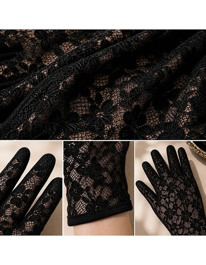Black Lace Gloves for Women, Floral Pattern, Sheer Wrist Length, Elegant Evening Style