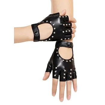 Studded Fingerless Gloves PU Leather Punk Style Black with Rivets Women's Short Driving Gloves, One Size