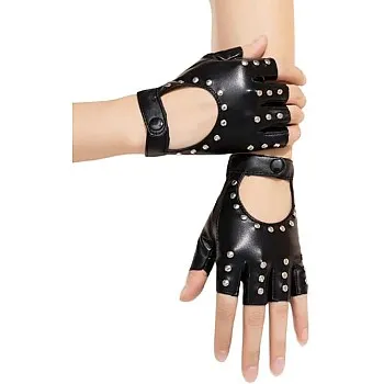 Studded Fingerless Gloves PU Leather Punk Style Black with Rivets Women's Short Driving Gloves, One Size