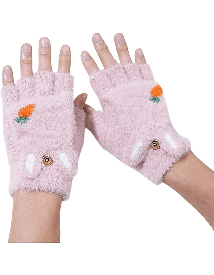 Winter Warm Gloves for Women - 2 in 1 Soft Fleece Flip Top Gloves – Cute Rabbit Gloves with Carrot Embroidery and Finger Holes – Cold Accessory for Walking, Driving, Outdoor Activities