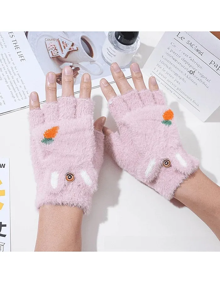 Winter Warm Gloves for Women - 2 in 1 Soft Fleece Flip Top Gloves – Cute Rabbit Gloves with Carrot Embroidery and Finger Holes – Cold Accessory for Walking, Driving, Outdoor Activities