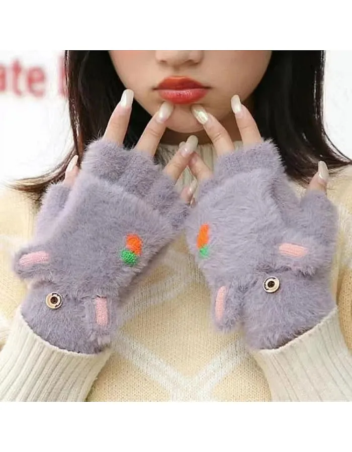 Winter Warm Gloves for Women - 2 in 1 Soft Fleece Flip Top Gloves – Cute Rabbit Gloves with Carrot Embroidery and Finger Holes – Cold Accessory for Walking, Driving, Outdoor Activities