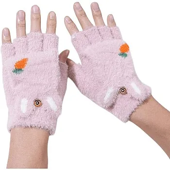 Winter Warm Gloves for Women - 2 in 1 Soft Fleece Flip Top Gloves – Cute Rabbit Gloves with Carrot Embroidery and Finger Holes – Cold Accessory for Walking, Driving, Outdoor Activities