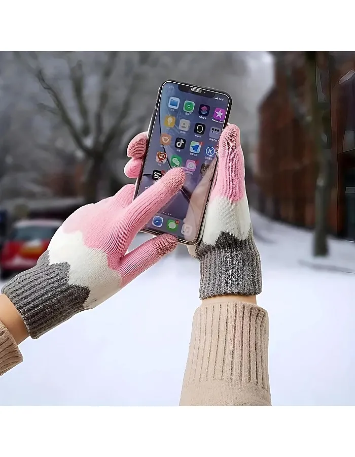 Winter Warm Knitted Gloves for Women Men Touchscreen - Soft Velvet Inner Lining with Elastic Wrist Strap - One Size Elastic Stylish Colorful Design - Thick and Comfortable Winter Gloves