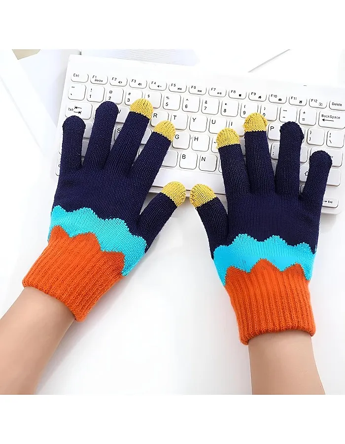Winter Warm Knitted Gloves for Women Men Touchscreen - Soft Velvet Inner Lining with Elastic Wrist Strap - One Size Elastic Stylish Colorful Design - Thick and Comfortable Winter Gloves