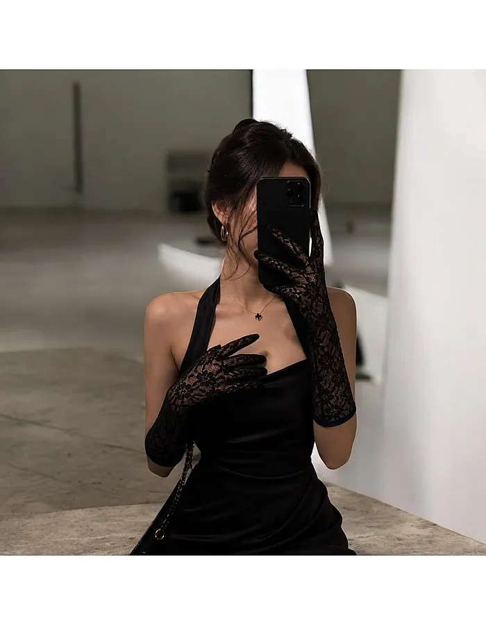 Women's Black Lace Gloves, Floral Pattern, Sheer, Elegant Evening Style, Formal Occasion