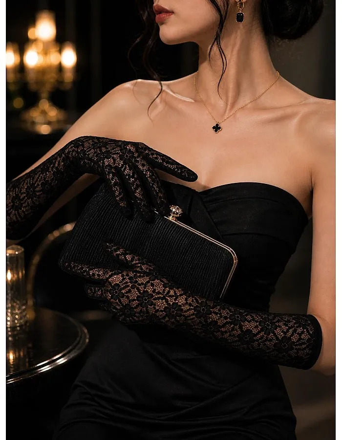 Women's Black Lace Gloves, Floral Pattern, Sheer, Elegant Evening Style, Formal Occasion