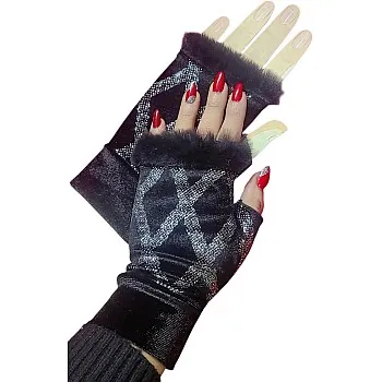 Women's Fingerless Gloves, Black with Fur, Glitter Pattern, Winter Warm