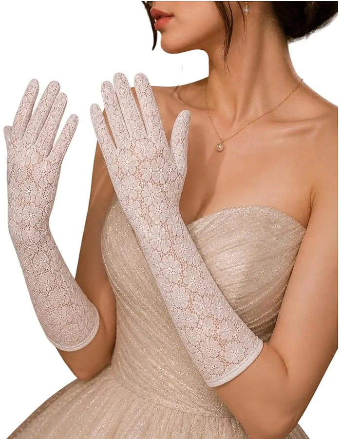 Women's Long Lace Gloves, White, Floral Pattern, Elegant Bridal Style, Flexible Fit, for Weddings and Evening Events