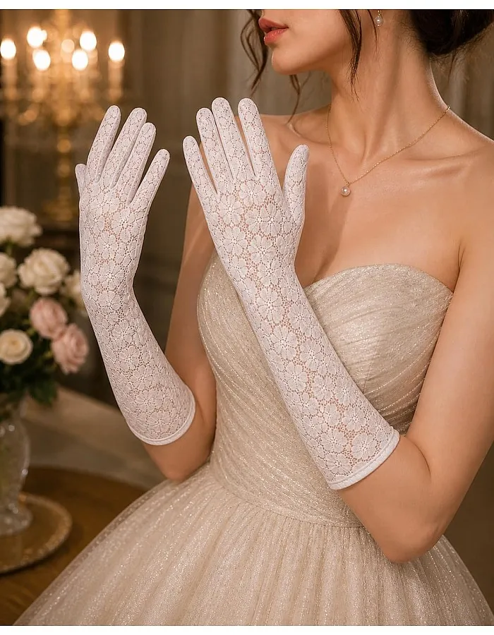 Women's Long Lace Gloves, White, Floral Pattern, Elegant Bridal Style, Flexible Fit, for Weddings and Evening Events