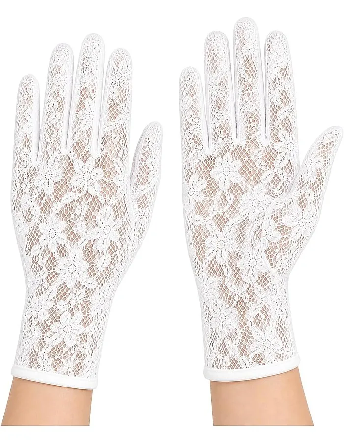 Women's Long Lace Gloves, White, Floral Pattern, Elegant Bridal Style, Flexible Fit, for Weddings and Evening Events