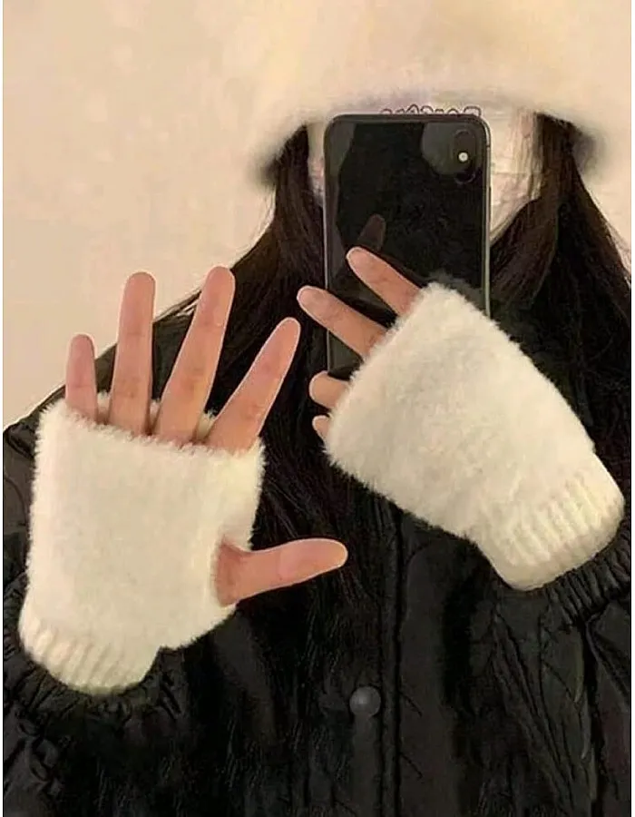 Women's Plush Gloves Half Finger Gloves Autumn Winter Warm Gloves