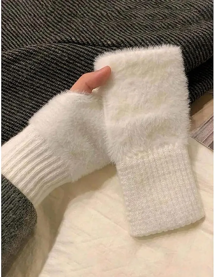 Women's Plush Gloves Half Finger Gloves Autumn Winter Warm Gloves