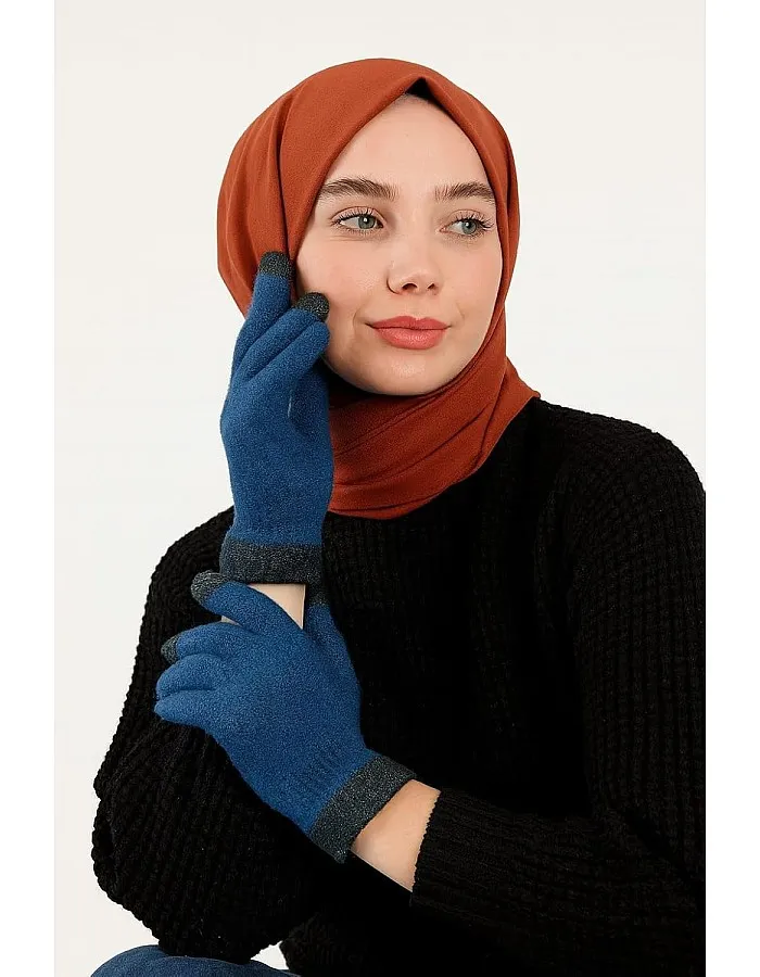 Women's Winter Gloves Fashion Design Blue with Grey Warm Gloves Fashion Women