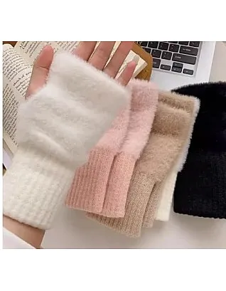 Women's Winter Gloves Velvet Fingerless Gloves Soft Knitted Wrist Gloves for Writing Multicolor White Pink Beige Black, One Size