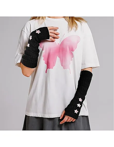 fashion mania Arm Warmers Y2K Star Arm Gloves Knitted Long Fingerless Gloves Black Arm Warmer for Women Goth Punk Cosplay Accessories
