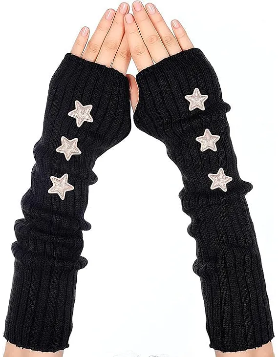 fashion mania Arm Warmers Y2K Star Arm Gloves Knitted Long Fingerless Gloves Black Arm Warmer for Women Goth Punk Cosplay Accessories