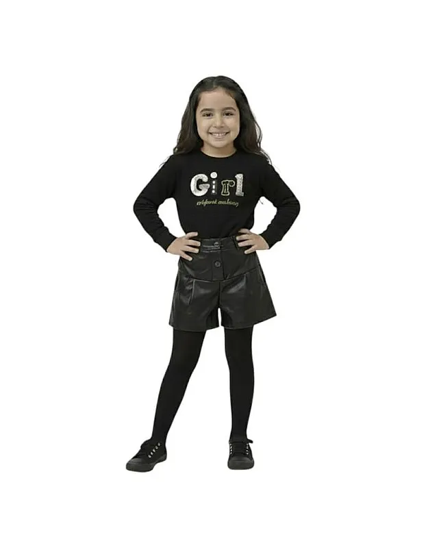 Sika Leather Shorts For Girls-Black-3Years