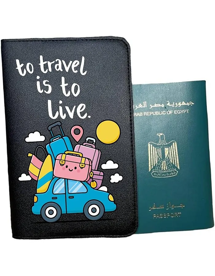 Passport cover- Artificial leather- Black- One sided printing- English quotes- To travel is to live - We print your gift