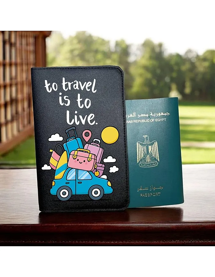 Passport cover- Artificial leather- Black- One sided printing- English quotes- To travel is to live - We print your gift