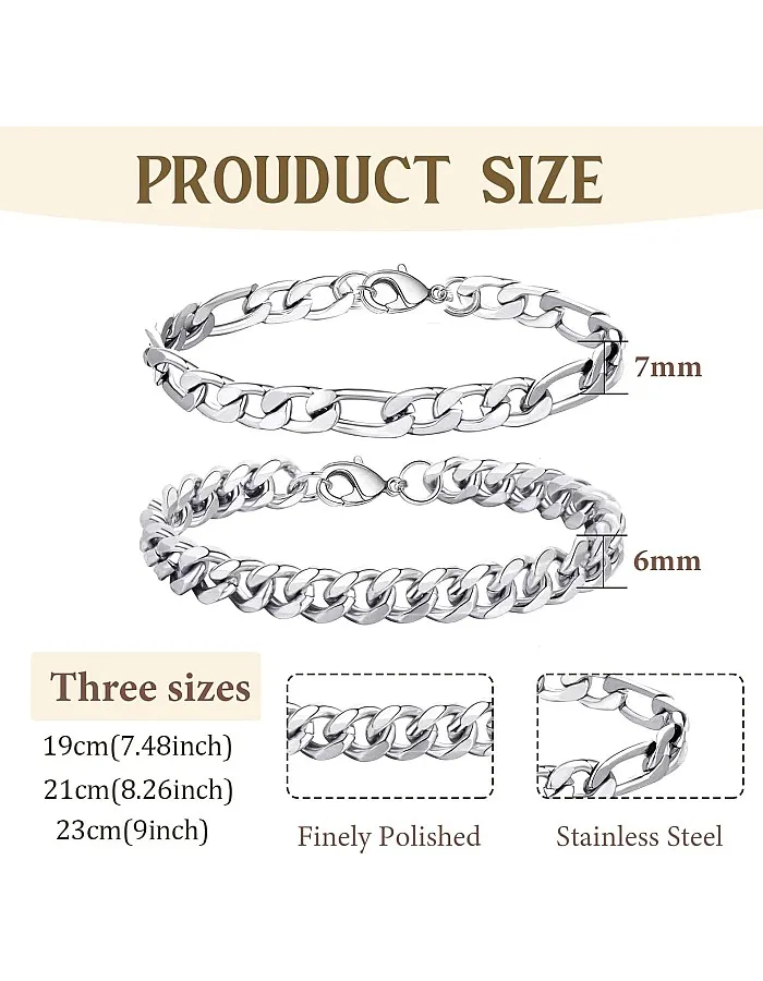 2 Piece Silver Bracelet Set for Men Stainless Steel Curb Chain Bracelet Link Bracelet Cuban Bracelets Figaro Bracelet 19/21/23 cm Gifts for Men