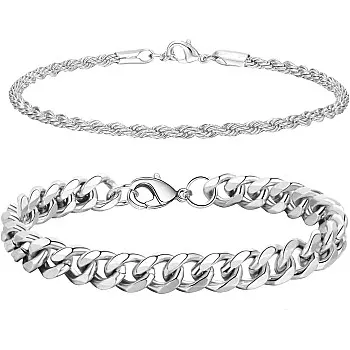 2 Piece Silver Bracelet Set for Men Stainless Steel Curb Chain Bracelet Link Bracelet Cuban Bracelets Figaro Bracelet 19/21/23 cm Gifts for Men