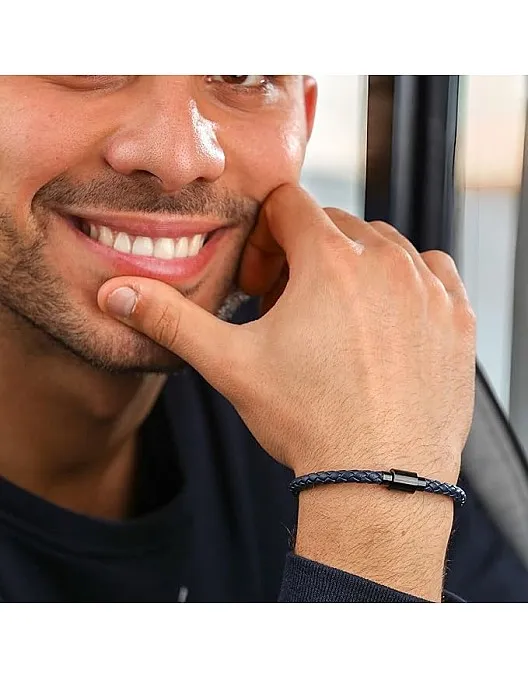 Avi d'or Unisex Braided Leather Bracelet with Magnetic Stainless Steel Clasp Available in Black and Caramel Brown and Blue, Taille M Poignet 16,5 ~17,5cm, Stainless Steel Leather