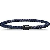 Avi d'or Unisex Braided Leather Bracelet with Magnetic Stainless Steel Clasp Available in Black and Caramel Brown and Blue, Taille M Poignet 16,5 ~17,5cm, Stainless Steel Leather