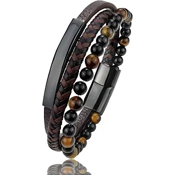 Men’s Layered Bracelet Set with Beads & Braided Leather – Adjustable Magnetic Clasp Wrist Bracelets for Men – Casual & Everyday Style